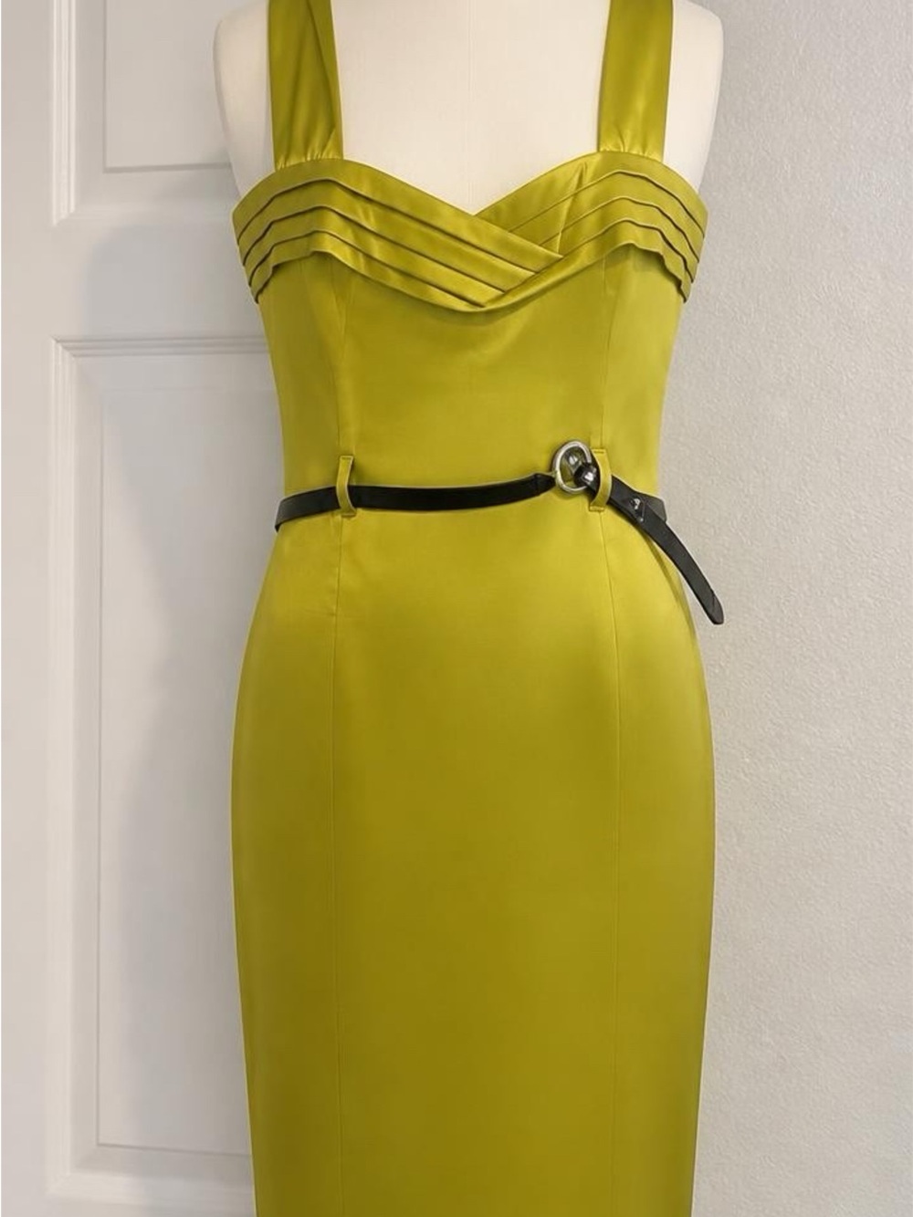 Sleeveless Olive Midi Sheath Dress with Pleated Bodice